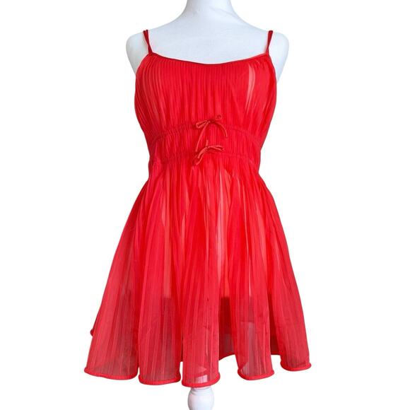 Vintage Vanity Fair Mini Babydoll Sheer Dress Pleat Chiffon Pink Coral Small Bow - Picture 1 of 11